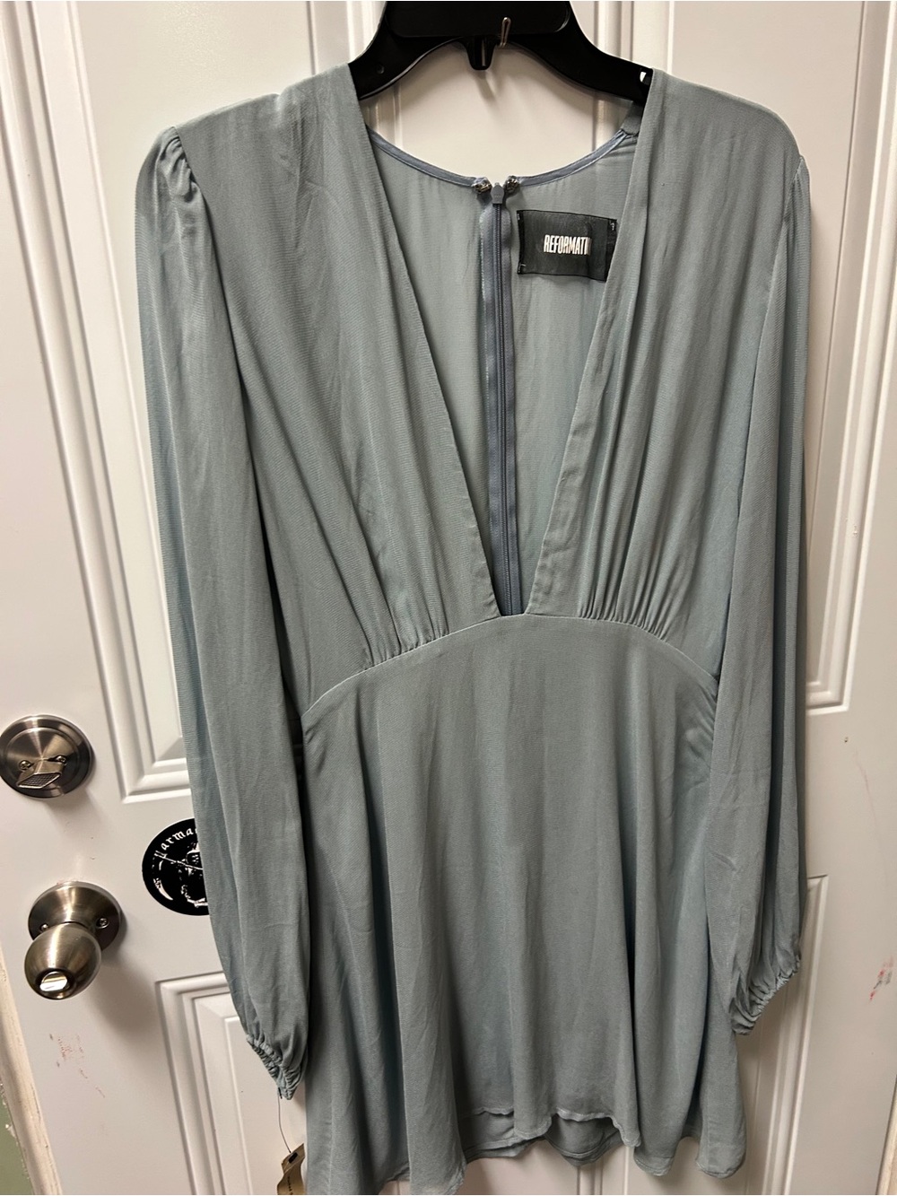 Reformation Dusty Sage Long-Sleeve V-Neck Mini Dress